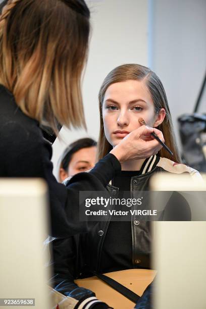 Model backstage at the Fendi Ready to Wear Fall/Winter 2018-2019 fashion show during Milan Fashion Week Fall/Winter 2018/19 on February 22, 2018 in...