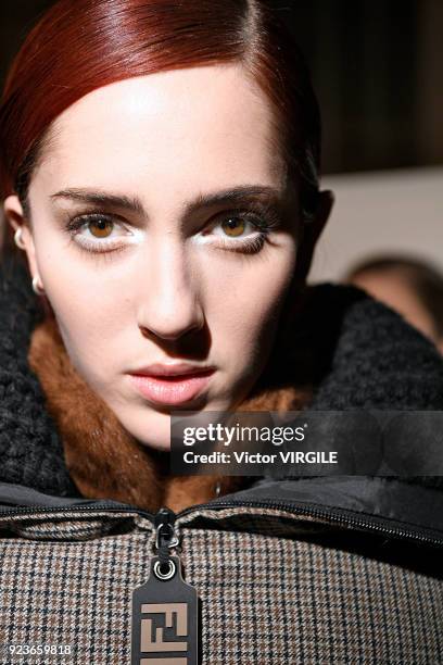 Model backstage at the Fendi Ready to Wear Fall/Winter 2018-2019 fashion show during Milan Fashion Week Fall/Winter 2018/19 on February 22, 2018 in...