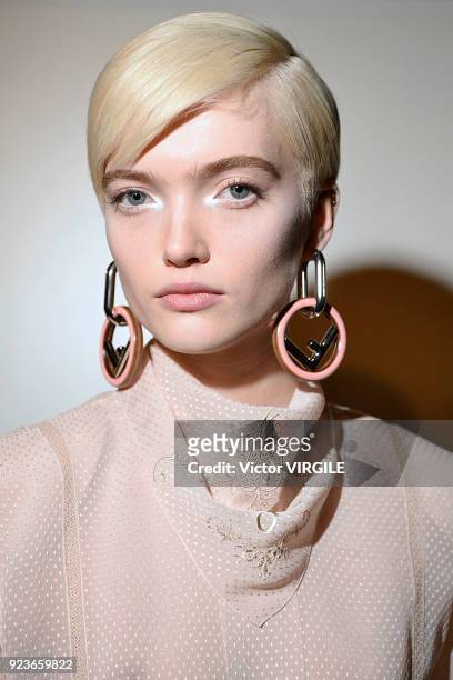 Model backstage at the Fendi Ready to Wear Fall/Winter 2018-2019 fashion show during Milan Fashion Week Fall/Winter 2018/19 on February 22, 2018 in...