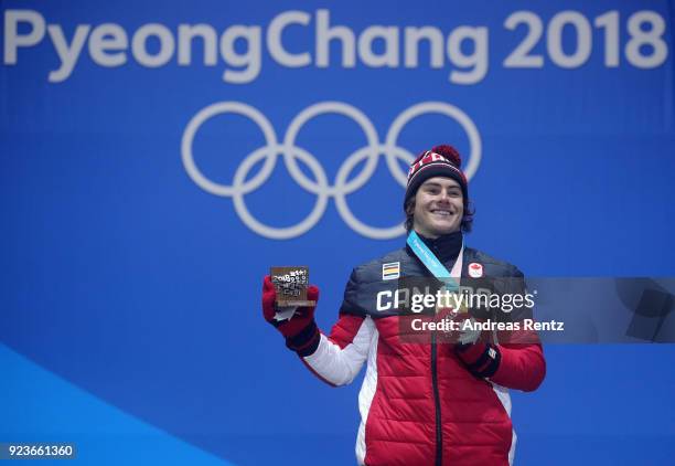 Gold medalist Sebastien Toutant of Canada celebrates during the medal ceremony for Snowboard Men's Big Air on day fifteen of the PyeongChang 2018...