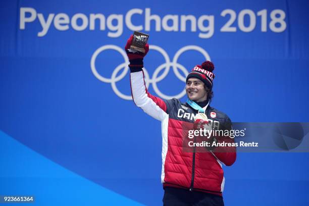 Gold medalist Sebastien Toutant of Canada celebrates during the medal ceremony for Snowboard Men's Big Air on day fifteen of the PyeongChang 2018...