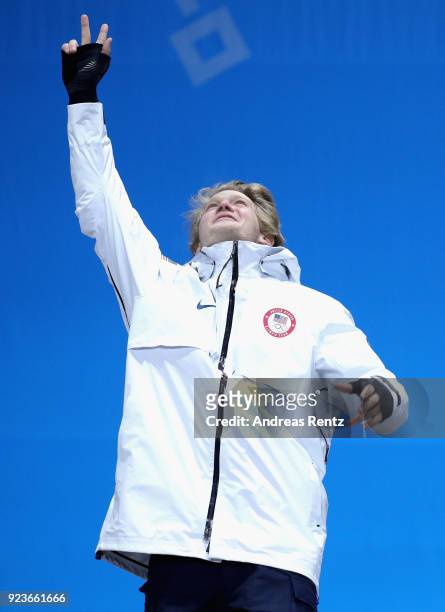 Silver medal winner Kyle Mack of the United States celebrates during the medal ceremony for Snowboard Men's Big Air on day fifteen of the PyeongChang...