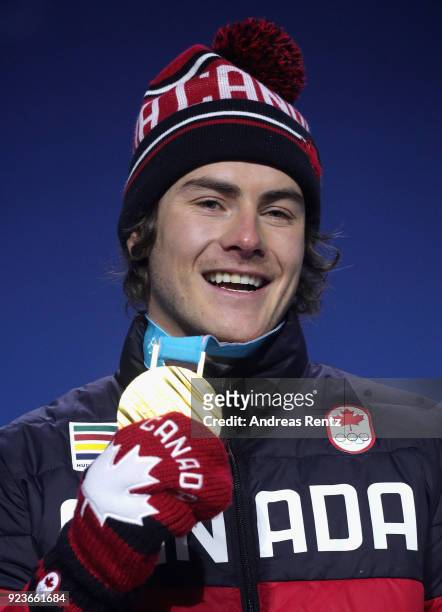 Gold medalist Sebastien Toutant of Canada celebrates during the medal ceremony for Snowboard Men's Big Air on day fifteen of the PyeongChang 2018...