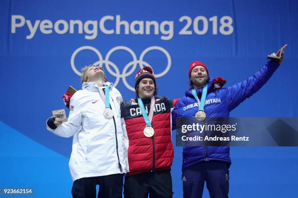 Silver medal winner Kyle Mack of the United States, gold medal winner Sebastien Toutant of Canada and bronze medal winner Billy Morgan of Great...