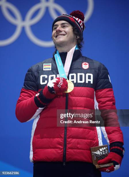 Gold medalist Sebastien Toutant of Canada celebrates during the medal ceremony for Snowboard Men's Big Air on day fifteen of the PyeongChang 2018...