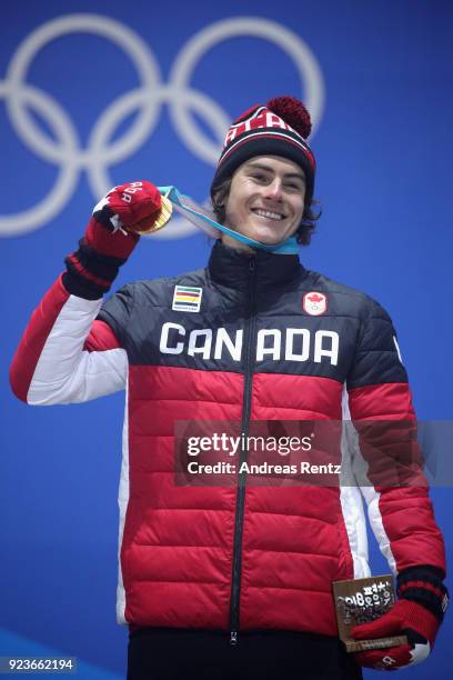 Gold medalist Sebastien Toutant of Canada celebrates during the medal ceremony for Snowboard Men's Big Air on day fifteen of the PyeongChang 2018...