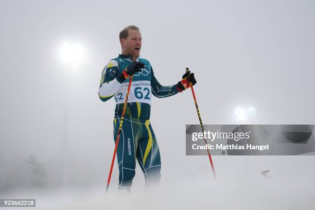 Phillip Bellingham of Australia reacts after finishing the Men's 50km Mass Start Classic on day 15 of the PyeongChang 2018 Winter Olympic Games at...