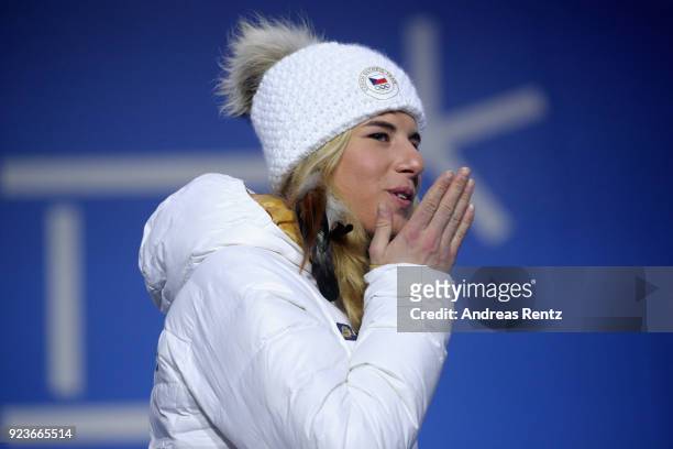 Gold medalist Ester Ledecka of the Czech Republic celebrates during the medal ceremony for Ladies Snowboard Parallel Giant Slalom on day fifteen of...