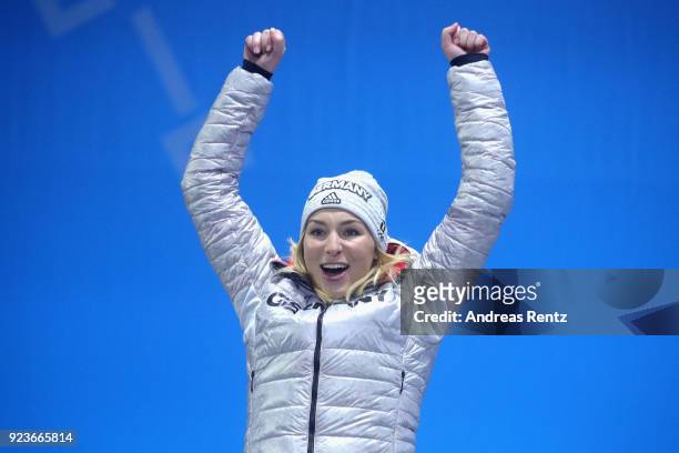 Silver medalist Selina Jorg of Germany celebrates during the medal ceremony for Ladies Snowboard Parallel Giant Slalom during the medal ceremony for...