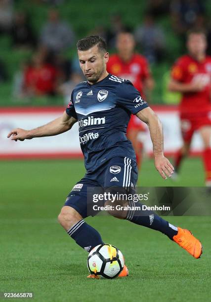 Kosta Barbarouses of the Victory in action during the round 21 A-League match between the Melbourne Victory and Adelaide United at AAMI Park on...