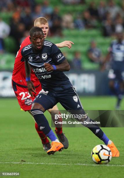 Leroy George of the Victory in action during the round 21 A-League match between the Melbourne Victory and Adelaide United at AAMI Park on February...