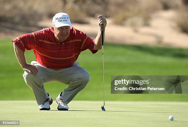 Billy Mayfair lines up a putt on the ninth hole green during the second round of the Frys.com Open at Grayhawk Golf Club on October 23, 2009 in...