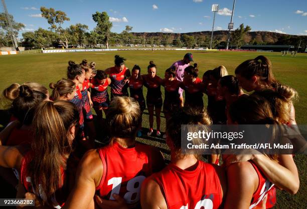 Daisy Pearce of the Demons addresses her teammates during the 2018 AFLW Round 04 match between the Melbourne Demons and the Collingwood Magpies at...