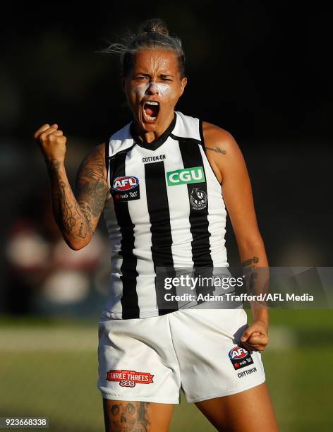 Moana Hope of the Magpies celebrates a goal during the 2018 AFLW Round 04 match between the Melbourne Demons and the Collingwood Magpies at TIO...