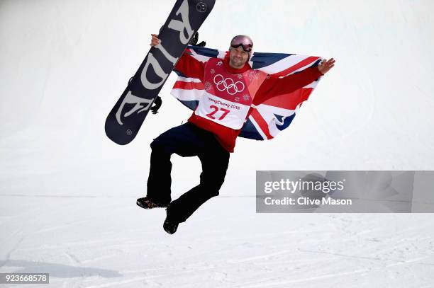 Billy Morgan of Great Britain celebrates as he wins a bronze medal at the Mens Big Air Final at Alpensia Ski Jumping Centre on February 24, 2018 in...