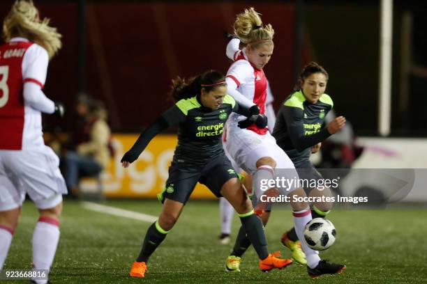 Vanity Lewerissa of PSV Women, Kelly Zeeman of Ajax Women, Sara Yuceil of PSV Women during the Dutch Eredivisie Women match between Ajax v PSV at the...