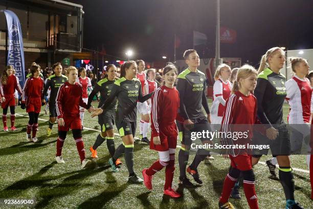 Line up Ajax women and PSV women during the Dutch Eredivisie Women match between Ajax v PSV at the De Toekomst on February 23, 2018 in Amsterdam...