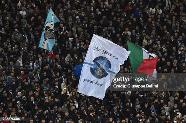 Fans of SS Lazio during UEFA Europa League Round of 32 match between Lazio and Steaua Bucharest at the Stadio Olimpico on February 22, 2018 in Rome,...