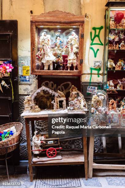 Naples famous Christmas crèches and figurines at a shop in Via San Gregorio Armeno.