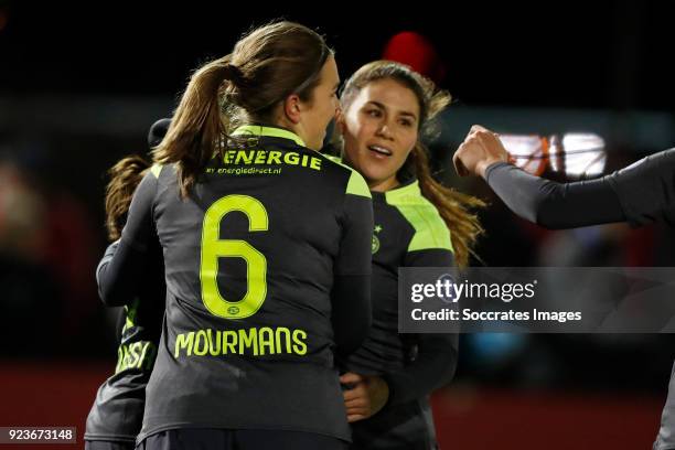 Jeslynn Kuijpers of PSV Women, Vanity Lewerissa of PSV Women Celebrate goal 0-1, Samantha Lynn Witteman of PSV Women during the Dutch Eredivisie...