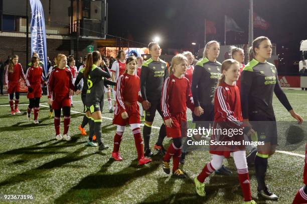 Line up Ajax women and PSV women during the Dutch Eredivisie Women match between Ajax v PSV at the De Toekomst on February 23, 2018 in Amsterdam...
