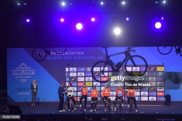 73rd Omloop Het Nieuwsblad 2018 / Men Start / Podium / Chantal Blaak of The Netherlands / Jip van den Bos of The Netherlands / Karol-Ann Canuel of...