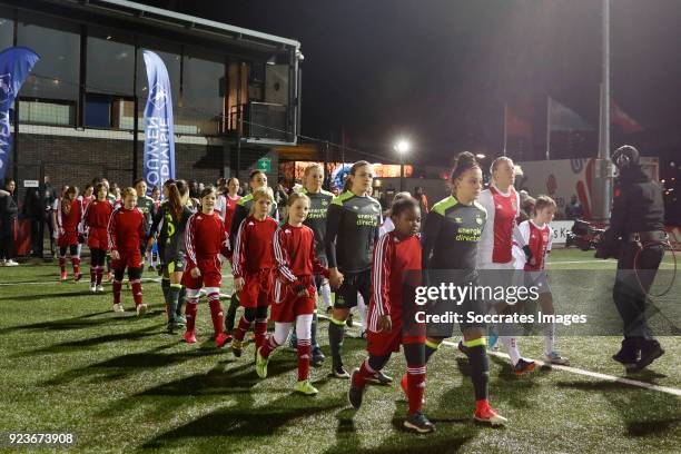 Line up Ajax women and PSV women during the Dutch Eredivisie Women match between Ajax v PSV at the De Toekomst on February 23, 2018 in Amsterdam...