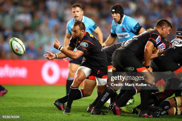 Dewaldt Duvenage of the Stormers passes during the round two Super Rugby match between the Waratahs and the Stormers at Allianz Stadium on February...