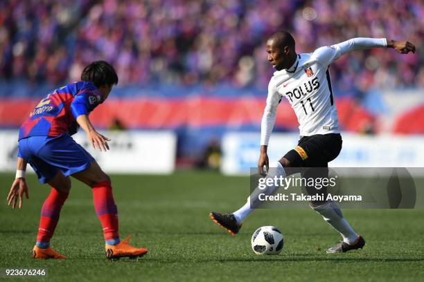 Quentin Martinus of Urawa Red Diamonds in action during the J.League J1 match between FC Tokyo and Urawa Red Diamonds at Ajinomoto Stadium on...