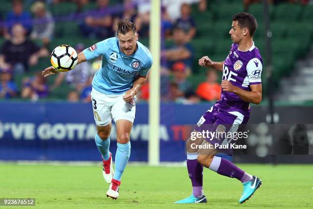 Scott Jamieson of Melbourne heads the ball during the round 21 A-League match between the Perth Glory and Melbourne City FC at nib Stadium on...