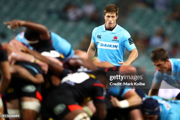 Alex Newsome of the Waratahs watches on as the scrum packs during the round two Super Rugby match between the Waratahs and the Stormers at Allianz...