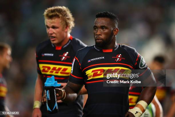 Siya Kolisi of the Stormers watches on during a drinks break during the round two Super Rugby match between the Waratahs and the Stormers at Allianz...