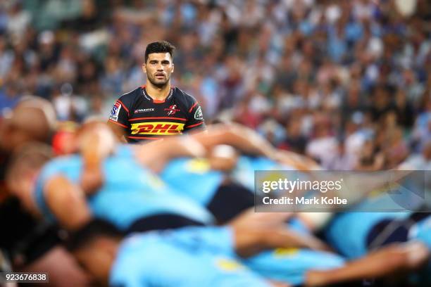 Damian de Allende of the Stormers watches on as the scrum packs during the round two Super Rugby match between the Waratahs and the Stormers at...