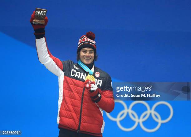 Gold medalist Sebastien Toutant of Canada celebrates during the medal ceremony for Snowboard Men's Big Air on day fifteen of the PyeongChang 2018...