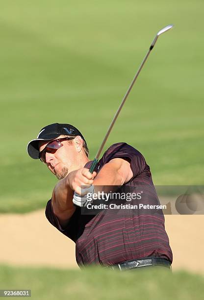 David Duval hits his second shot on the 18th hole during the second round of the Frys.com Open at Grayhawk Golf Club on October 23, 2009 in...
