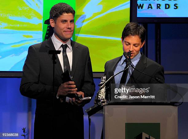 Writers Michael H. Weber and Scott Neustadter accept the Breakthrough Screenwriter award onstage during the 13th annual Hollywood Awards Gala...
