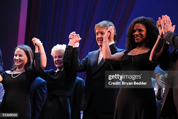 Emily Loesser, Jo Sullivan Loesser, musician Sir Paul McCarthy and actress Audra McDonald attend the Chance And Chemistry: A Centennial Celebration...