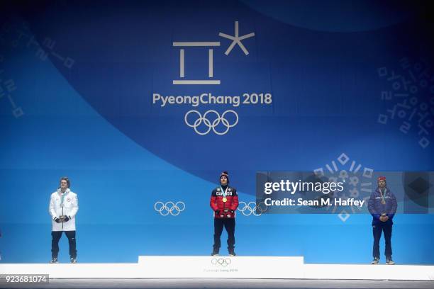 Silver medal winner Kyle Mack of the United States, gold medal winner Sebastien Toutant of Canada and bronze medal winner Billy Morgan of Great...