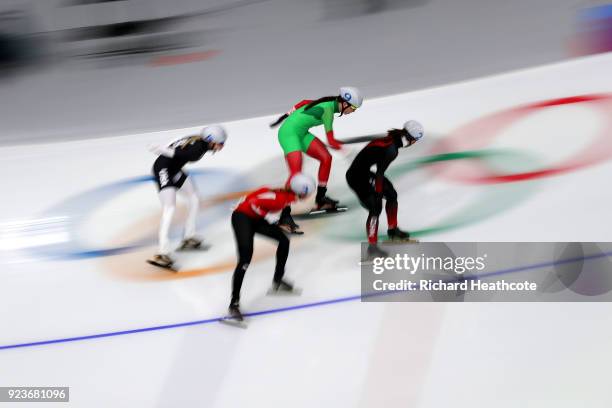 Dan Guo of China, Maryna Zuyeva of Belarus, Elena Moller Rigas of Denmark and Mia Manganello of the United States compete during the Ladies' Speed...