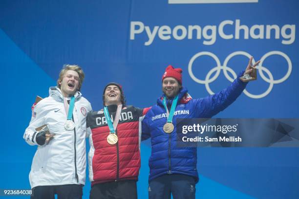 Billy Morgan, Great Britain, BRONZE with Sebastien Toutant, Canada, GOLD and Kyle Mack, USA, SILVER celebrate during the medal ceremony of the...