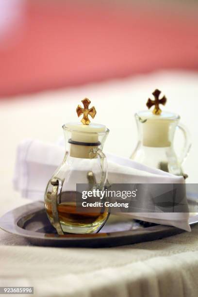 Dalat cathedral. Pair of cruets. Catholic mass. Dalat, Vietnam.