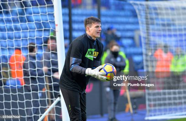 Eldin Jakupovic of Leicester City wears a Kick it out t shirt during the warm up at King Power Stadium ahead of the Premier League match between...