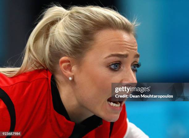 During Anna Sloan of Great Britain shouts instructions the Curling Womens' bronze Medal match on day fifteen of the PyeongChang 2018 Winter Olympic...