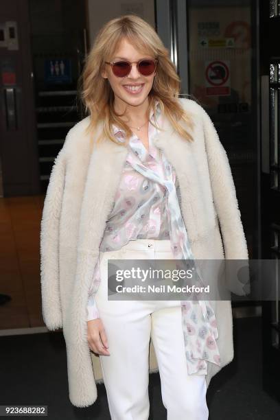 Kylie Minogue seen at BBC Radio 2 on February 24, 2018 in London, England.