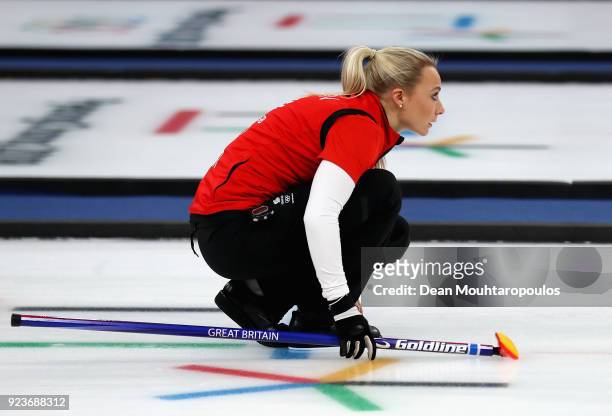 During Anna Sloan of Great Britain competes the Curling Womens' bronze Medal match between Great Britain and Japan on day fifteen of the PyeongChang...