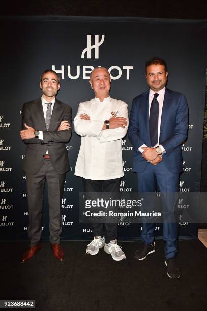 Jean franois Sberro, Chef Nobu Matsuhisa, Kamal Hotchandani attend HUBLOT Dinner Honoring Chef Nobu Matsuhisa at Nobu on February 23, 2018 in Miami...
