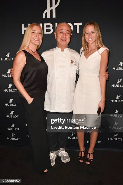 Angela Birdman, Chef Nobu Matsuhisa, Paige Mastrandrea attend HUBLOT Dinner Honoring Chef Nobu Matsuhisa at Nobu on February 23, 2018 in Miami Beach,...