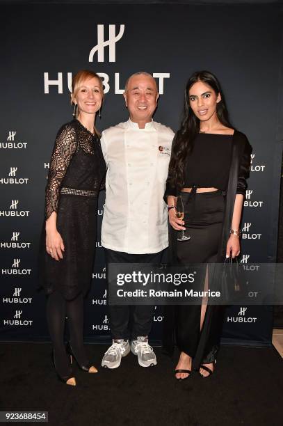 Veronica Sberro, Chef Nobu Matsuhisa, Deyvanshi Masrani attend HUBLOT Dinner Honoring Chef Nobu Matsuhisa at Nobu on February 23, 2018 in Miami...