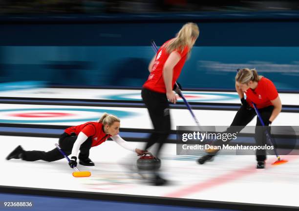 Anna Sloan of Great Britain delivers a stone during the Curling Womens' bronze Medal match between Great Britain and Japan on day fifteen of the...