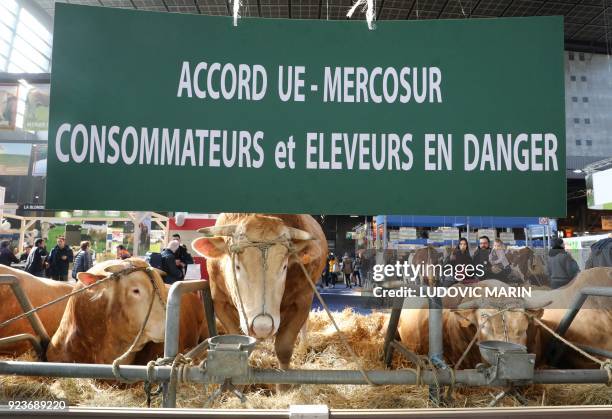 Picture taken on February 24, 2108 shows a placard against the EU-Mercosur trade deal during the 55th International Agriculture Fair at the Porte de...